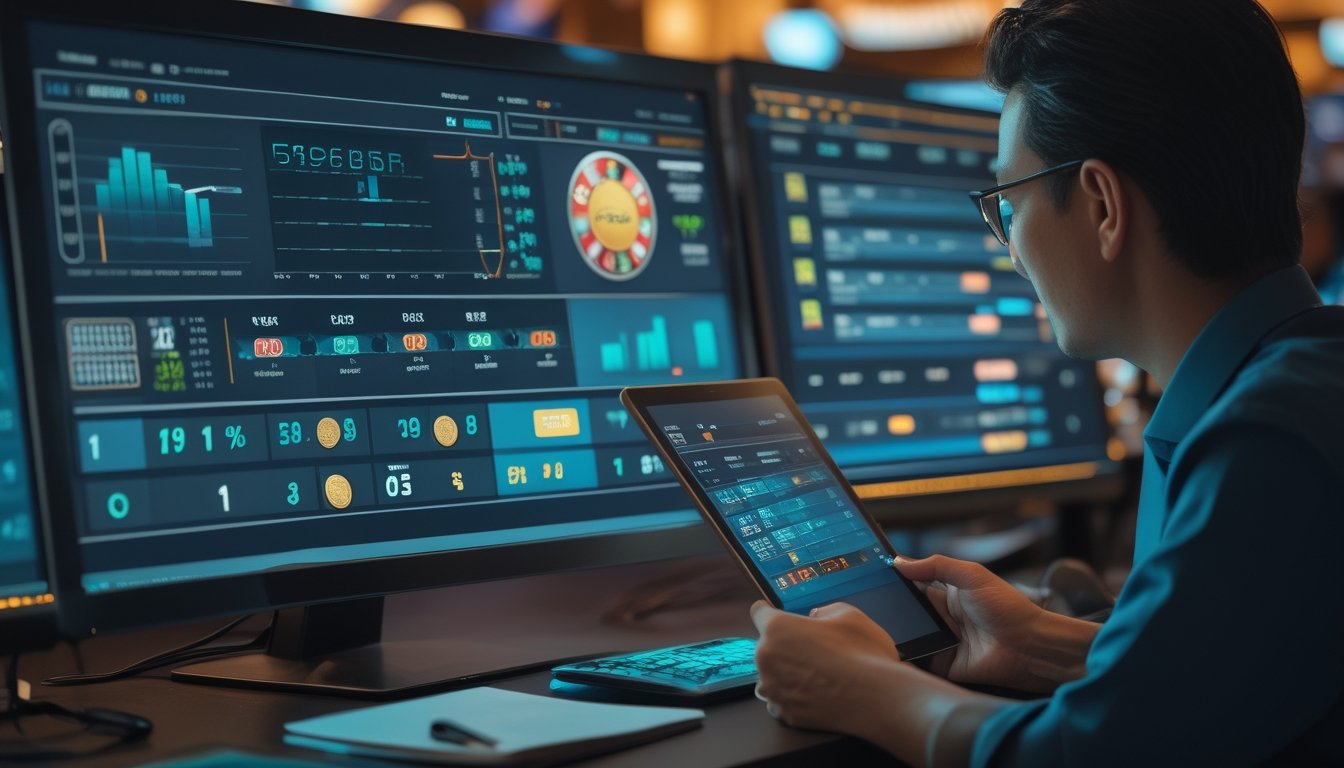Seorang analis dan pemain dewasa meninjau data permainan serta grafik peluang di ruang kerja modern.
