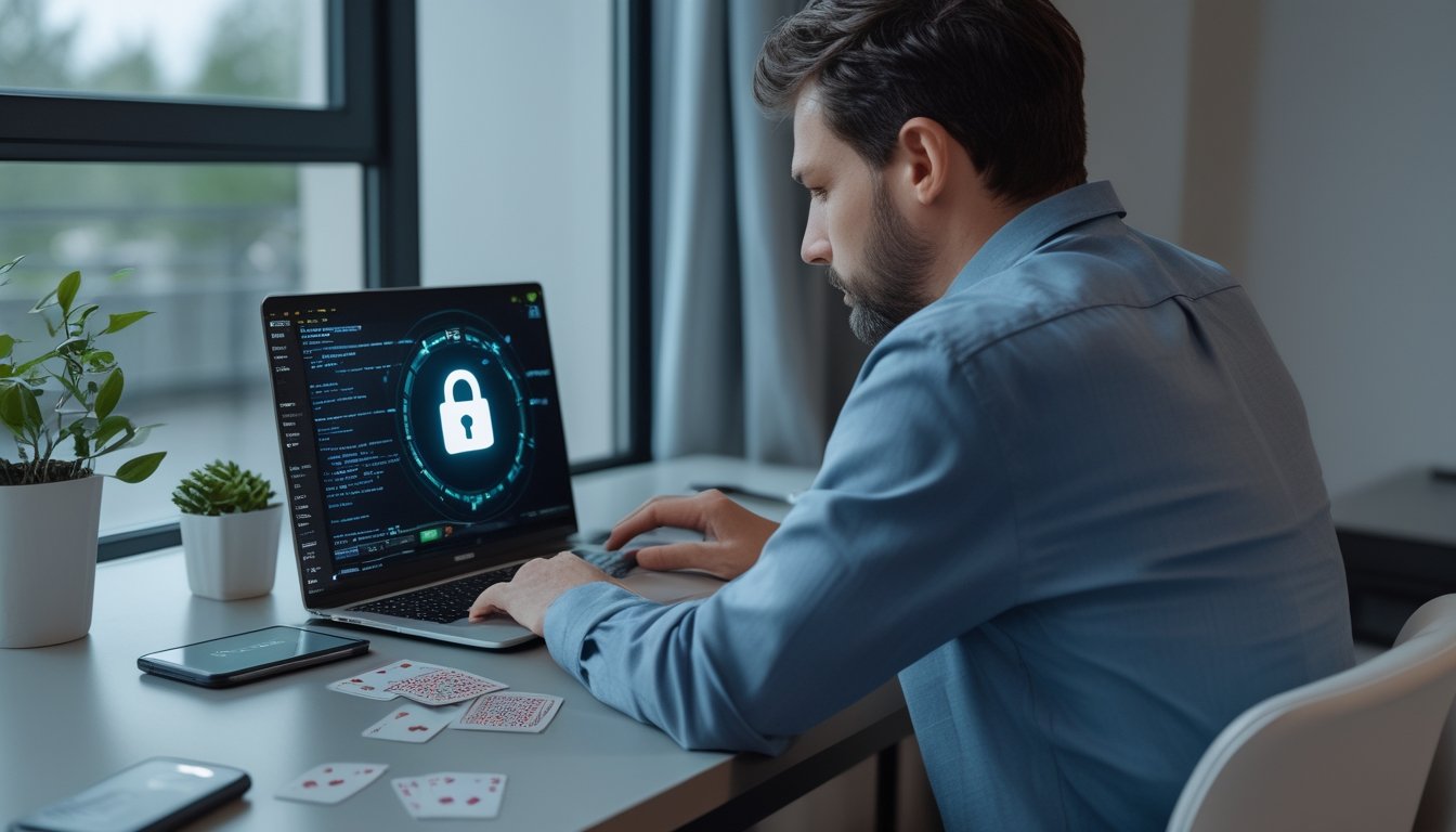 Seseorang memeriksa permainan kartu daring di laptop dengan simbol keamanan digital dan kartu poker di meja.