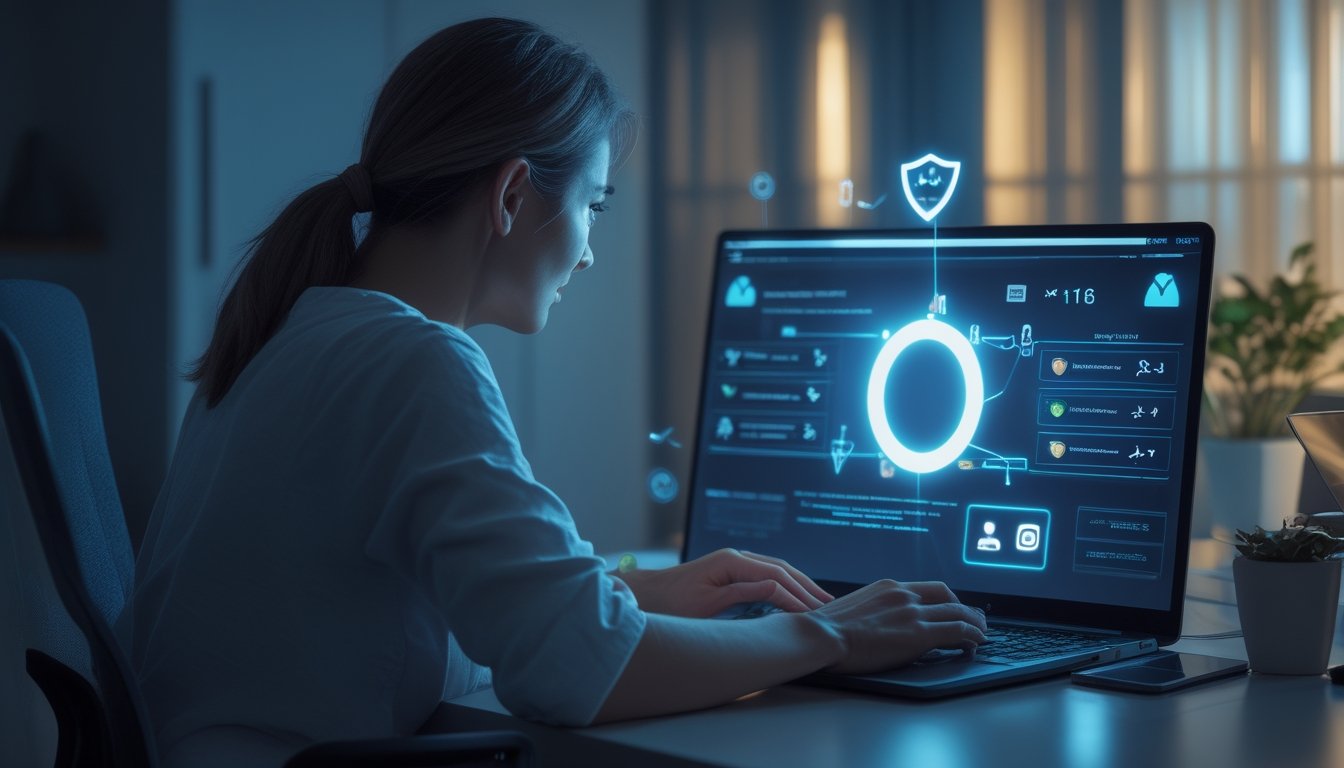 Orang dewasa menggunakan laptop untuk permainan kartu online sambil memperhatikan simbol keamanan dan risiko privasi.