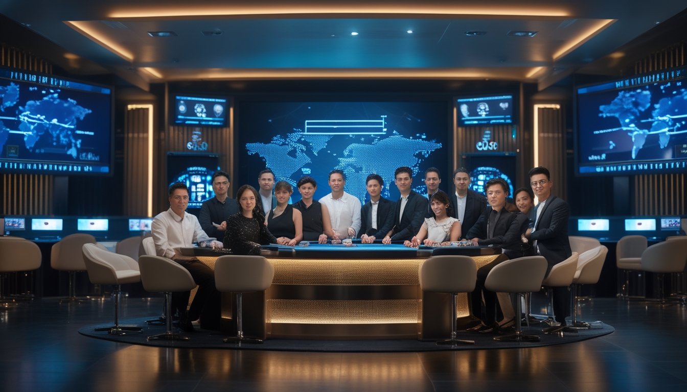 Sekelompok orang dewasa bermain poker dan mengikuti turnamen daring di ruang modern dengan layar digital dan perlengkapan siaran.