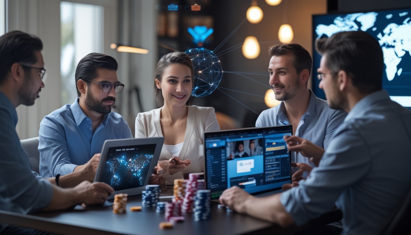Sekelompok orang dewasa dari berbagai latar belakang mengikuti turnamen poker daring global melalui perangkat digital.