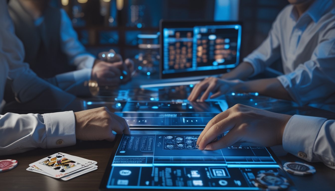 Orang dewasa bermain kartu di meja dengan chip, kartu, dan perangkat digital yang menggambarkan peralihan permainan tradisional ke era digital.
