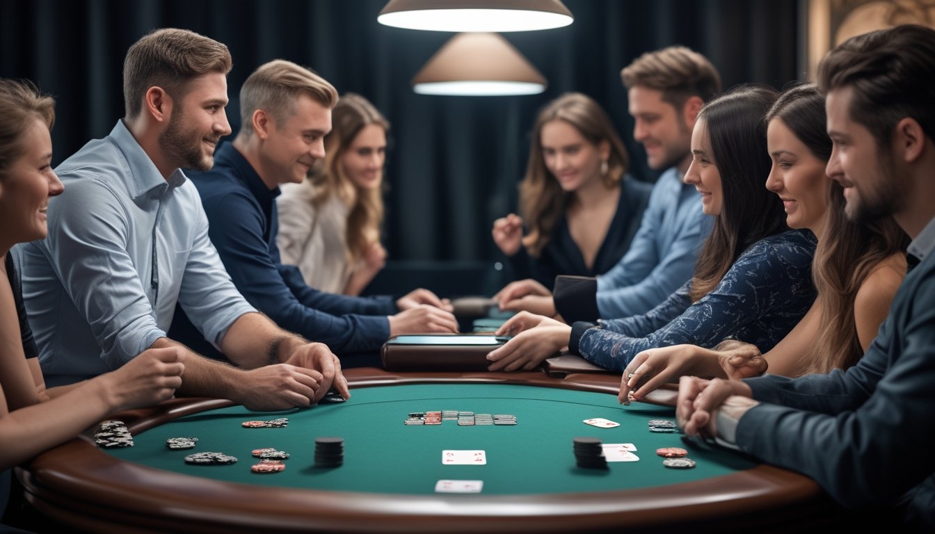 Sekelompok orang dewasa bermain poker di meja klasik dengan perangkat digital yang menggambarkan perkembangan permainan ke era modern.