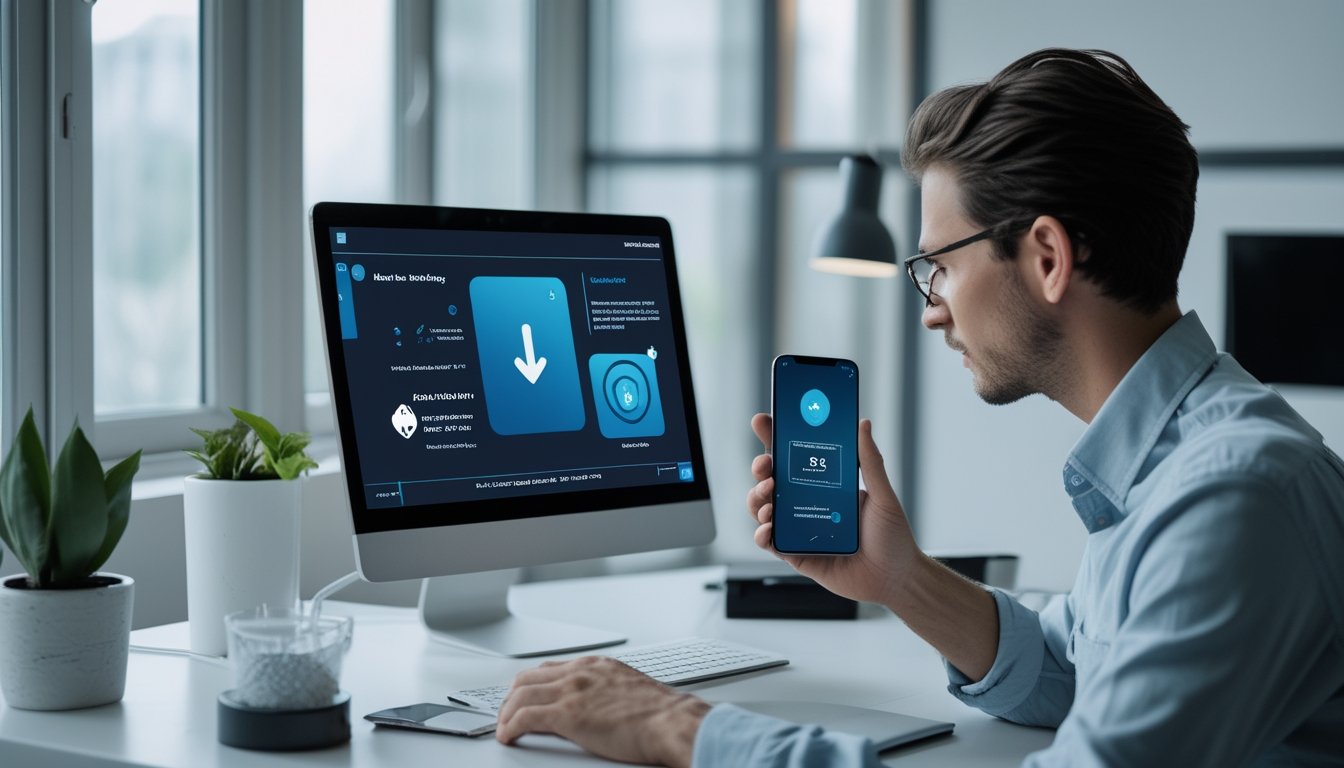 Orang dewasa meninjau platform poker online di laptop dan ponsel dengan simbol keamanan serta verifikasi.