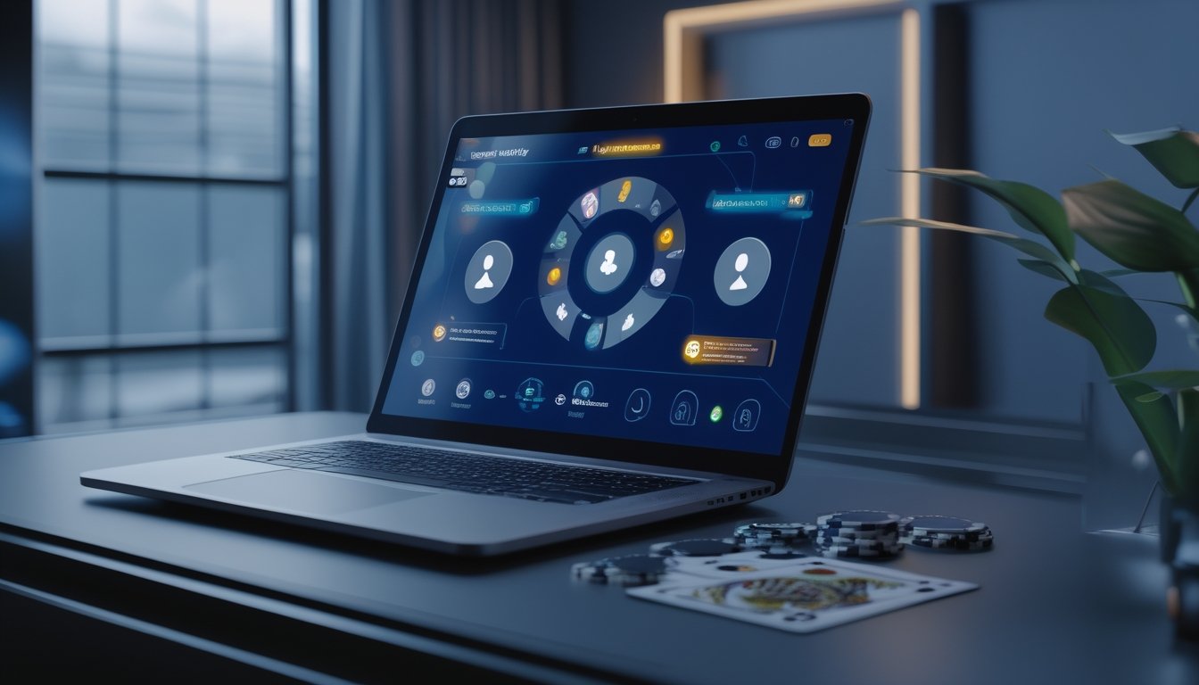 Laptop dan ponsel menampilkan ruang permainan kartu privat dengan kartu dan keping poker di meja.