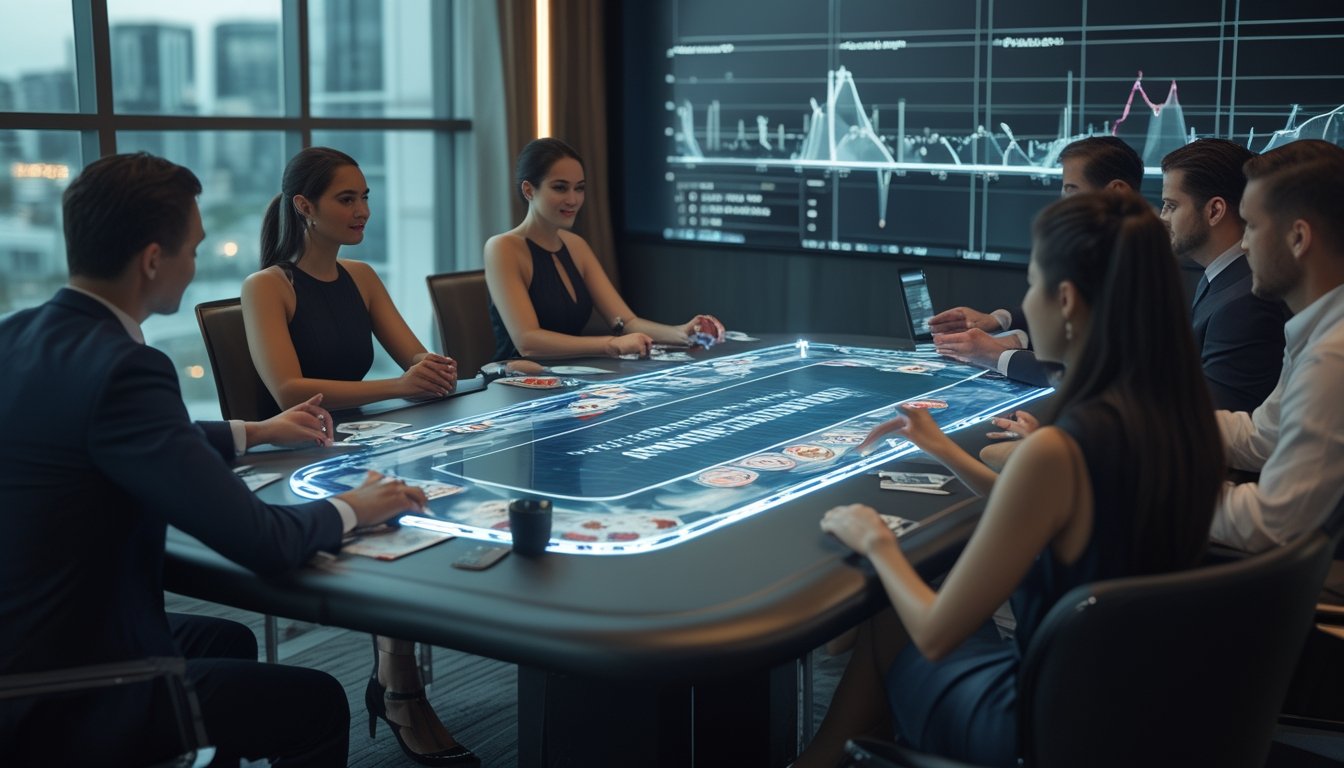 Sekelompok orang dewasa bermain poker virtual dengan tampilan analitik digital di ruang modern.