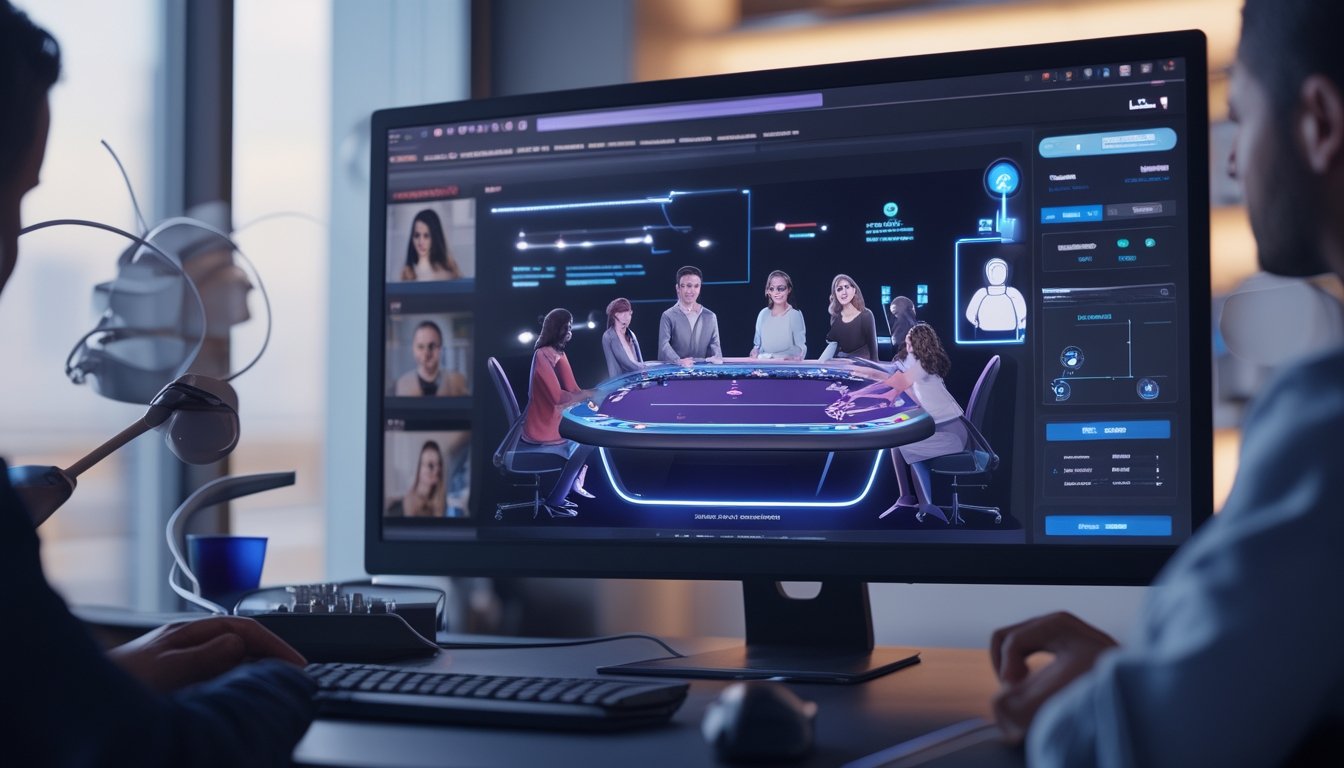 Orang dewasa bermain poker melalui platform virtual di depan layar komputer.