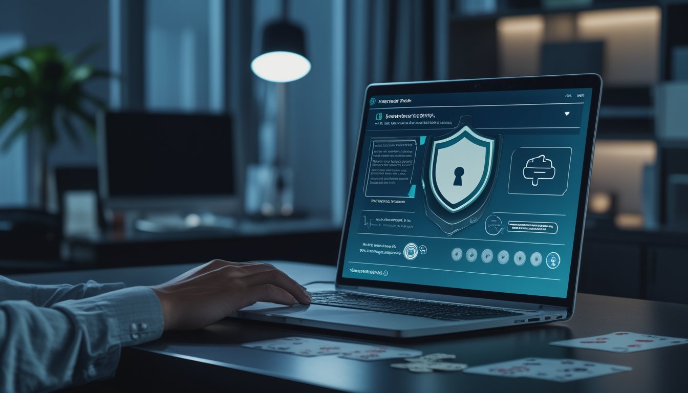 Orang dewasa memeriksa platform poker daring yang aman di laptop dengan simbol keamanan dan kartu poker di meja.