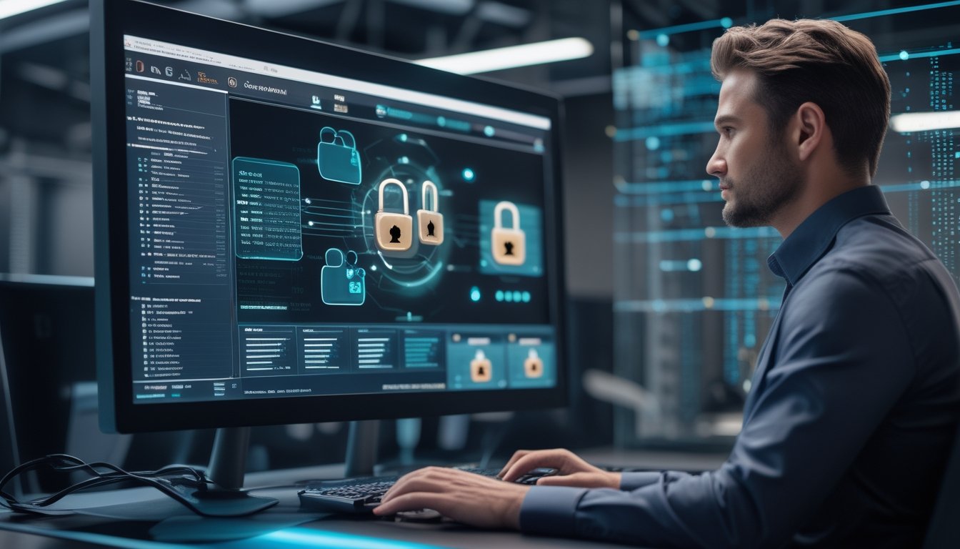 Seorang profesional keamanan siber memantau sistem permainan kartu daring dengan simbol gembok dan aliran data terenkripsi.