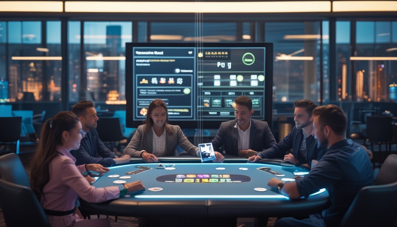 Sekelompok orang dewasa bermain poker digital dan game kasual di ruang hiburan modern dengan teknologi futuristis.