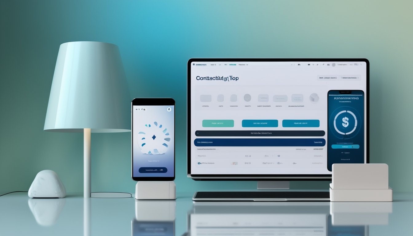 Ponsel dan laptop menampilkan konsep permainan daring serta pembayaran digital di meja modern.