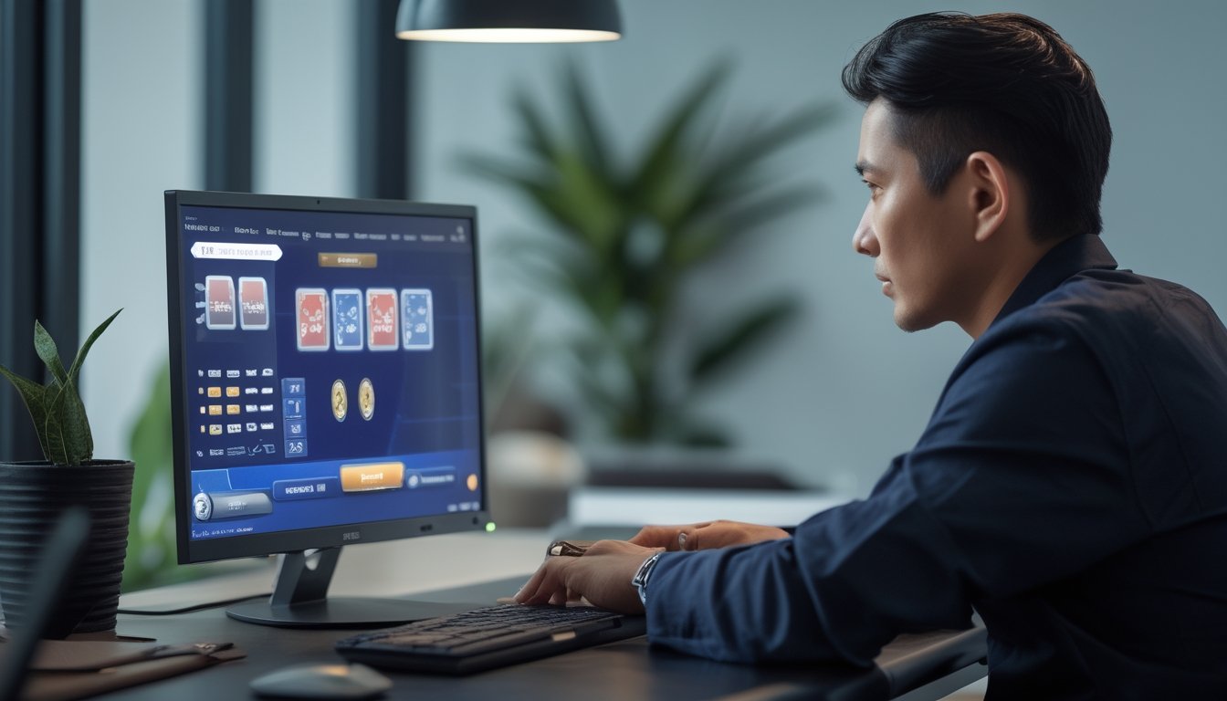 Seorang pemain fokus mengamati permainan kartu ceme online di laptop dengan ekspresi tenang dan percaya diri.
