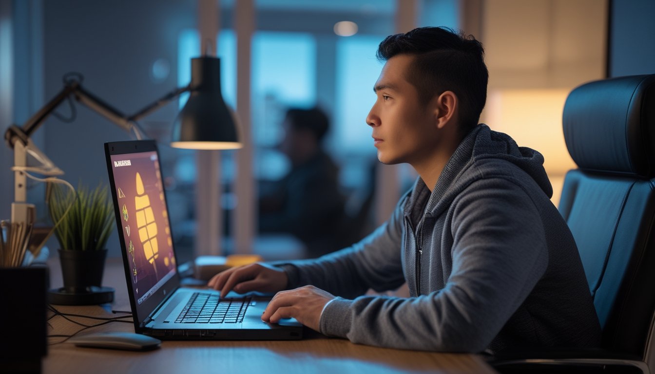 Seorang pemain dewasa duduk di depan laptop dan tampak tenang saat mengamati meja Ceme online.