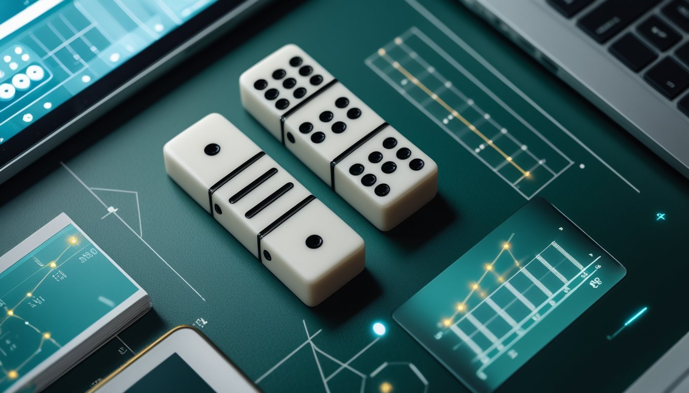 Kartu domino balak enam di atas meja permainan dengan perangkat digital dan analisis elemen peluang.
