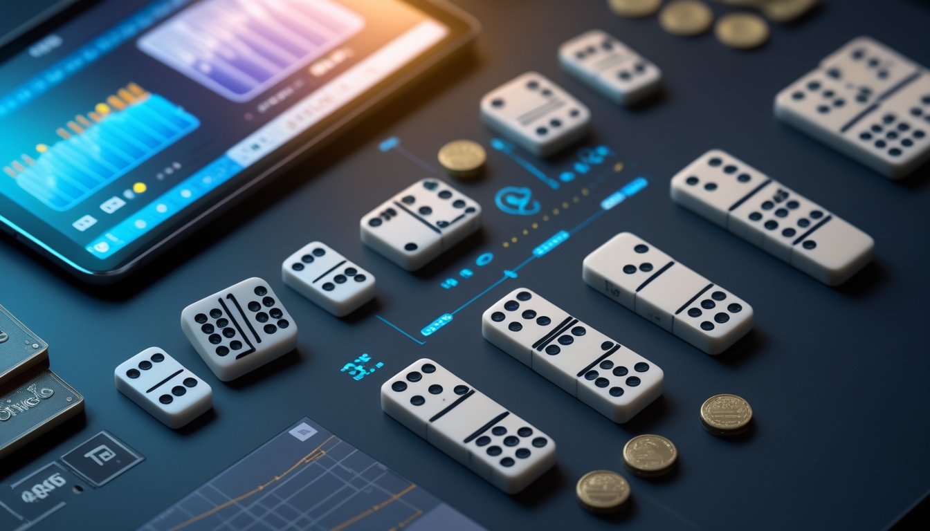 Kartu domino ceme disusun berpasangan di atas meja dengan perangkat yang menampilkan grafik analisis.