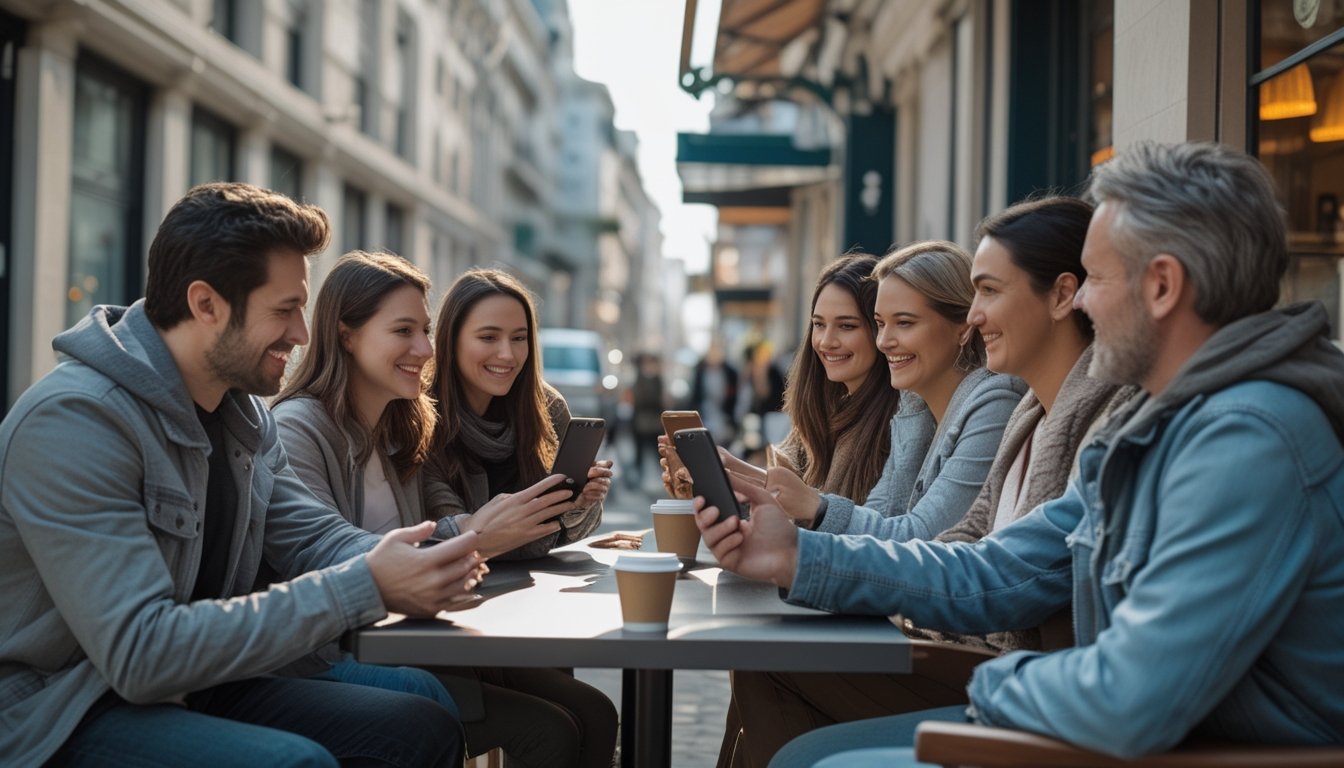 Sekelompok teman dewasa bermain gim kartu digital melalui ponsel di meja kafe sambil bepergian.