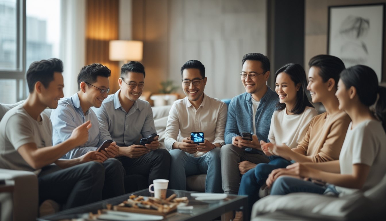 Sekelompok teman dewasa menikmati permainan kartu daring melalui ponsel dan tablet di ruang keluarga.