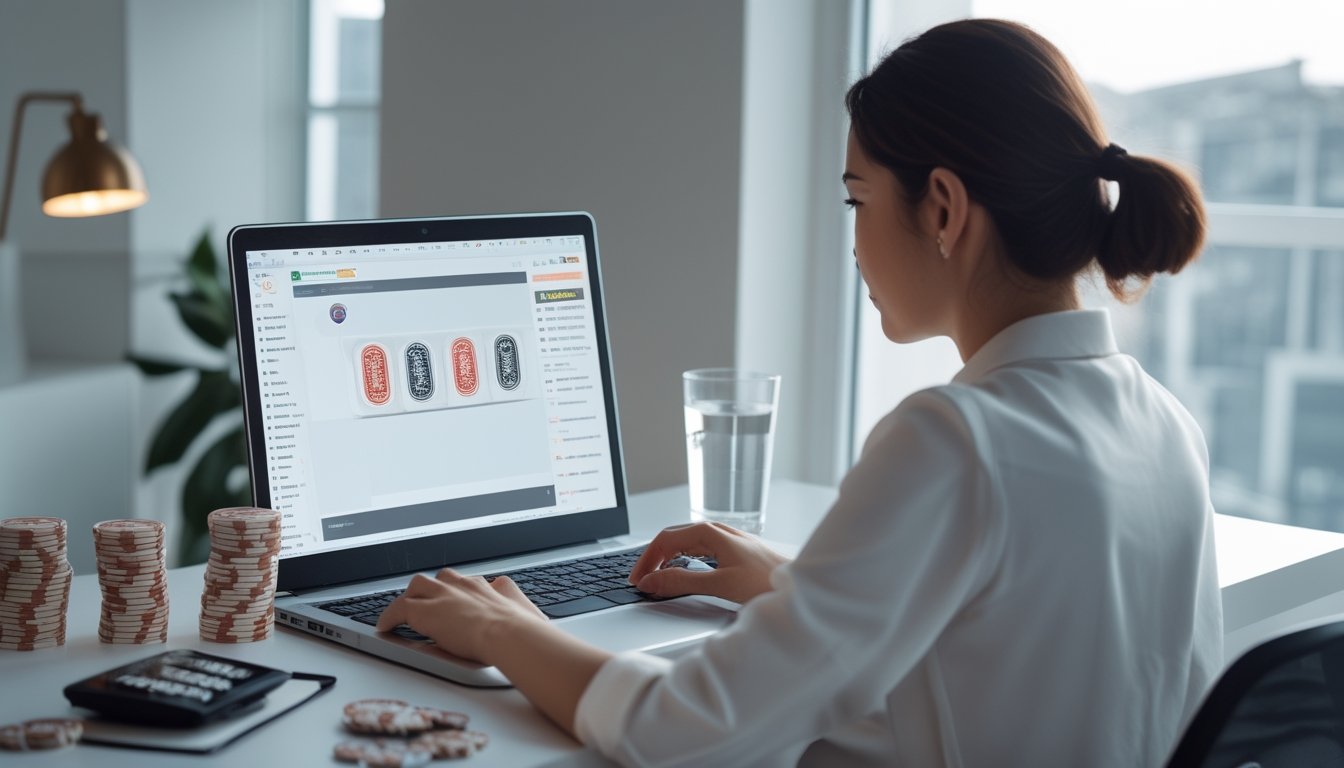 Seorang pria mengatur chip, kalkulator, dan buku catatan kosong di meja sambil menggunakan laptop untuk bermain ceme online.