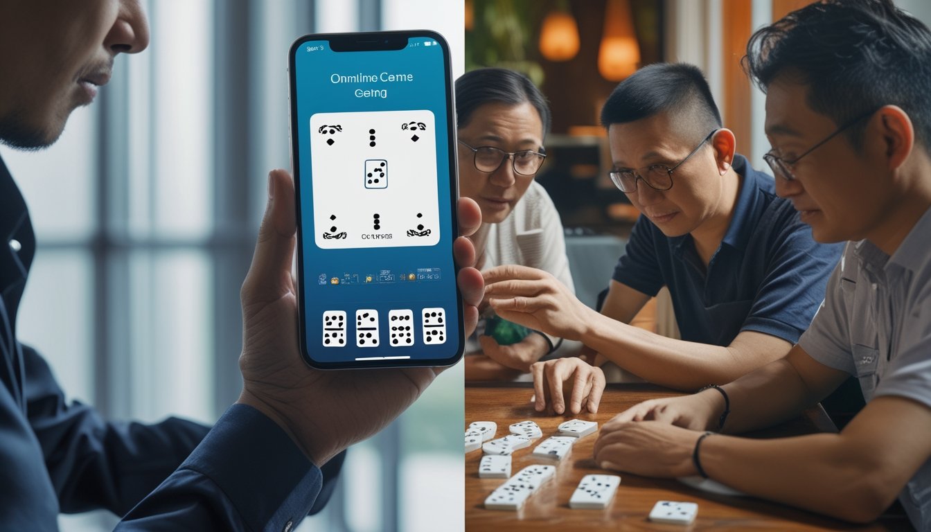 Perbandingan pemain ceme digital menggunakan ponsel dengan sekelompok orang bermain domino secara langsung di meja.