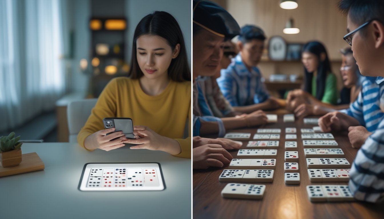 Perbandingan permainan domino melalui ponsel dengan permainan domino tradisional bersama di meja.