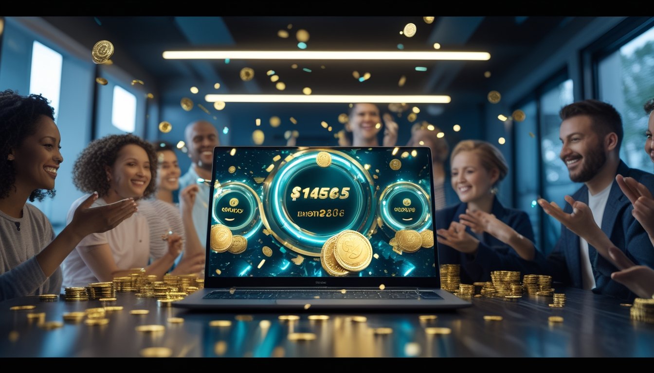 Orang dewasa tersenyum melihat perangkat digital dengan efek koin emas dan konfeti dalam suasana perayaan.