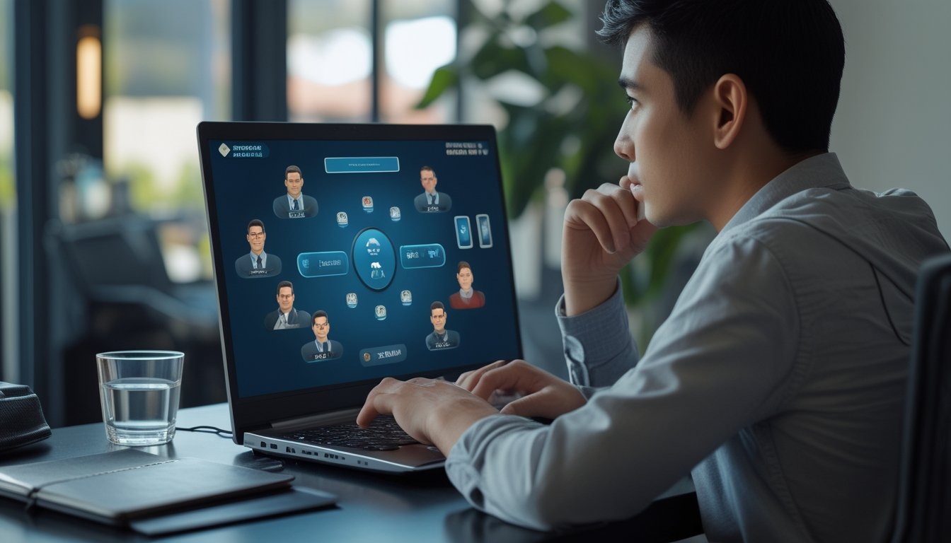Seorang pemain fokus mengamati permainan kartu online di laptop sambil menganalisis gerak lawan.