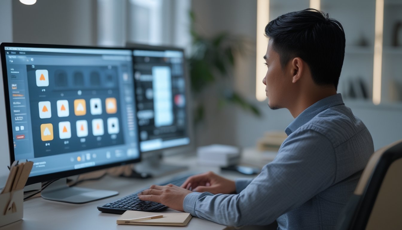 Seorang pemain fokus mengamati permainan kartu online di laptop dengan catatan kosong di meja.