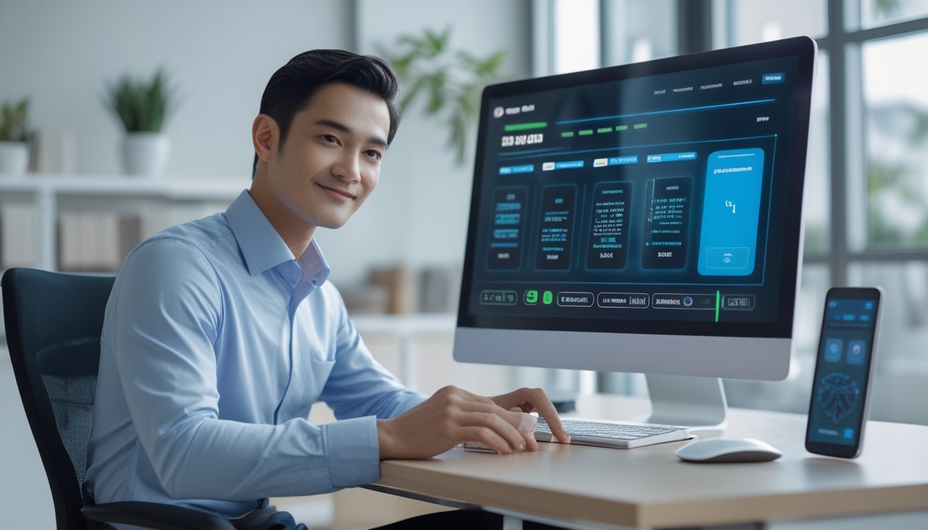 Seorang analis mengulas platform permainan kartu dare pada komputer dan ponsel di ruang kerja modern.
