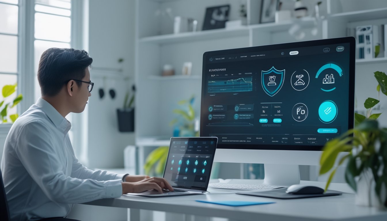 Seorang profesional menilai platform ceme online melalui laptop di ruang kerja modern dengan simbol keamanan dan keadilan.