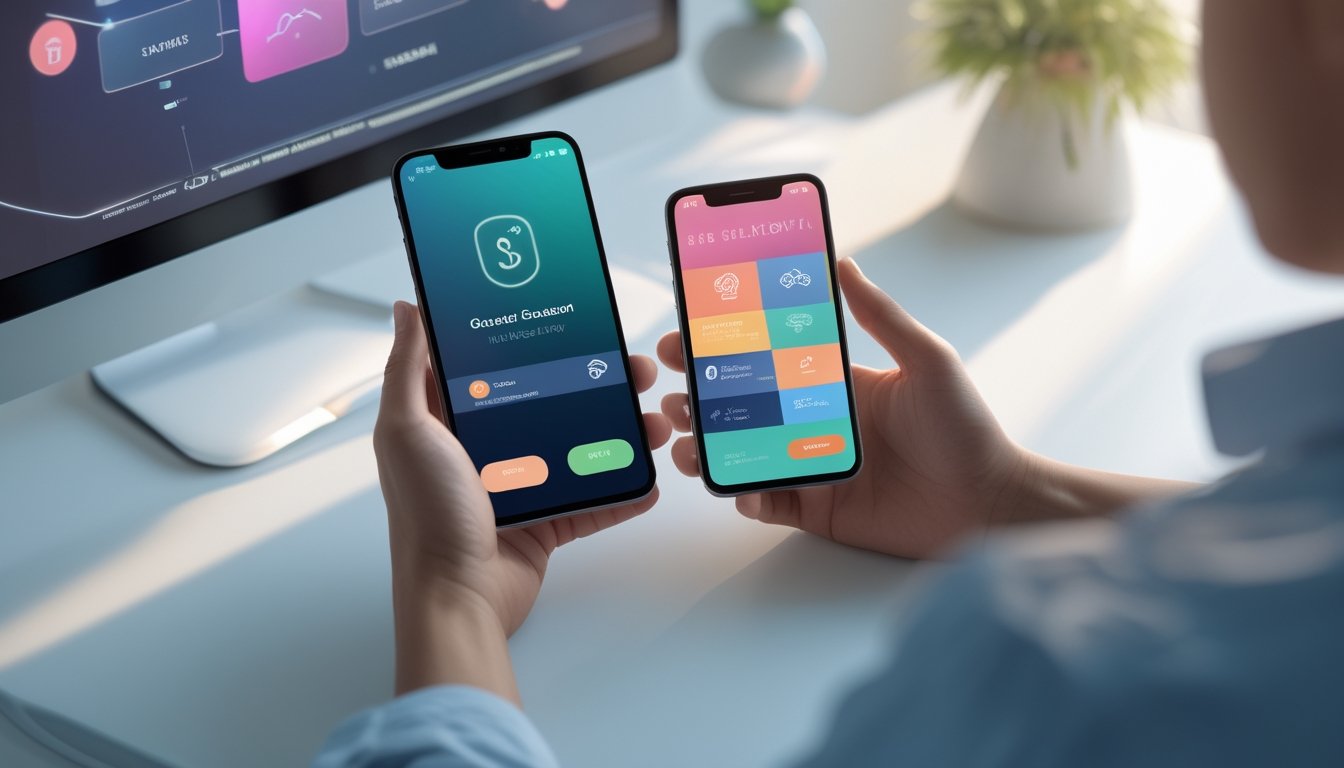 Seseorang menggunakan ponsel di meja kerja dengan perangkat lain yang menampilkan tampilan digital abstrak.