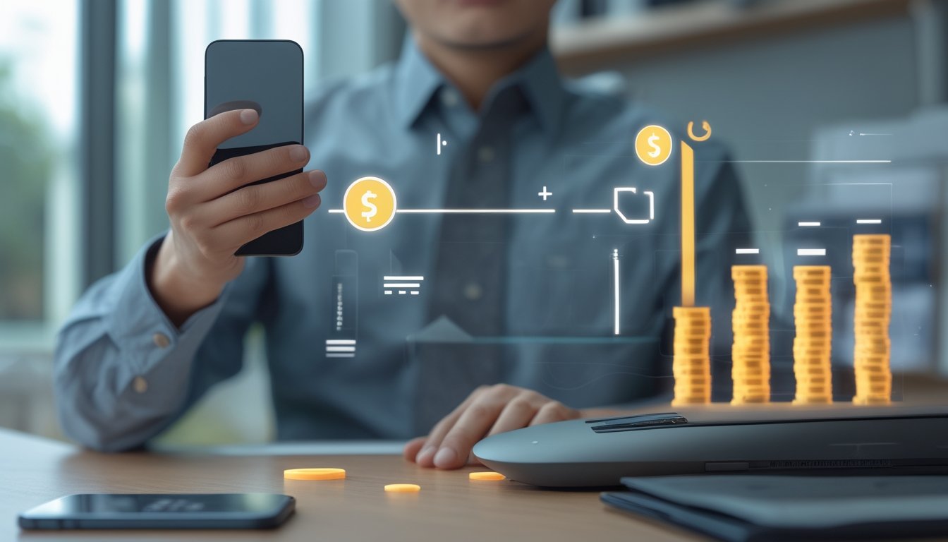 Seseorang menggunakan ponsel untuk melakukan deposit digital tanpa potongan di meja kerja modern.