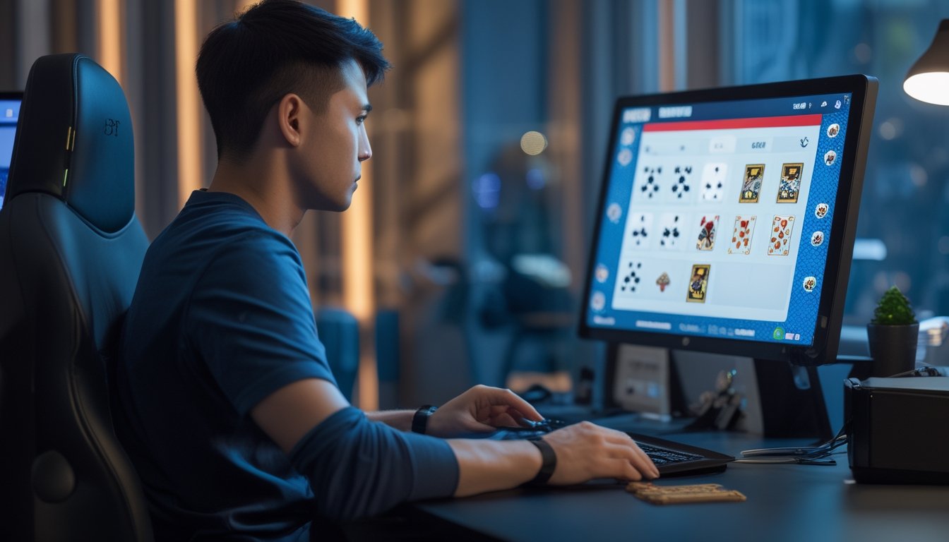 Seorang pemain fokus memainkan permainan kartu ceme online di depan laptop dengan suasana strategis dan tegang.