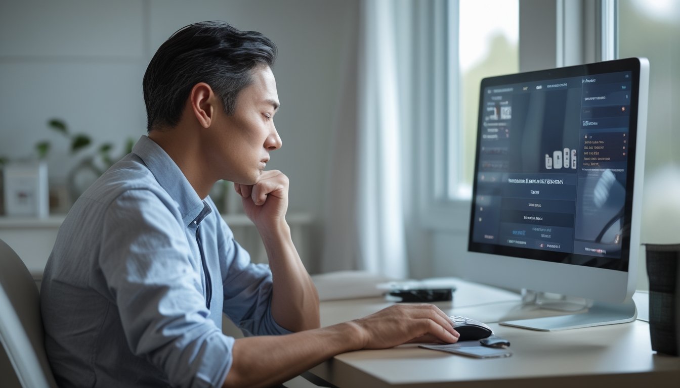 Seorang pemain dewasa mempertimbangkan strategi permainan kartu online di depan komputer dengan ekspresi fokus dan tenang.
