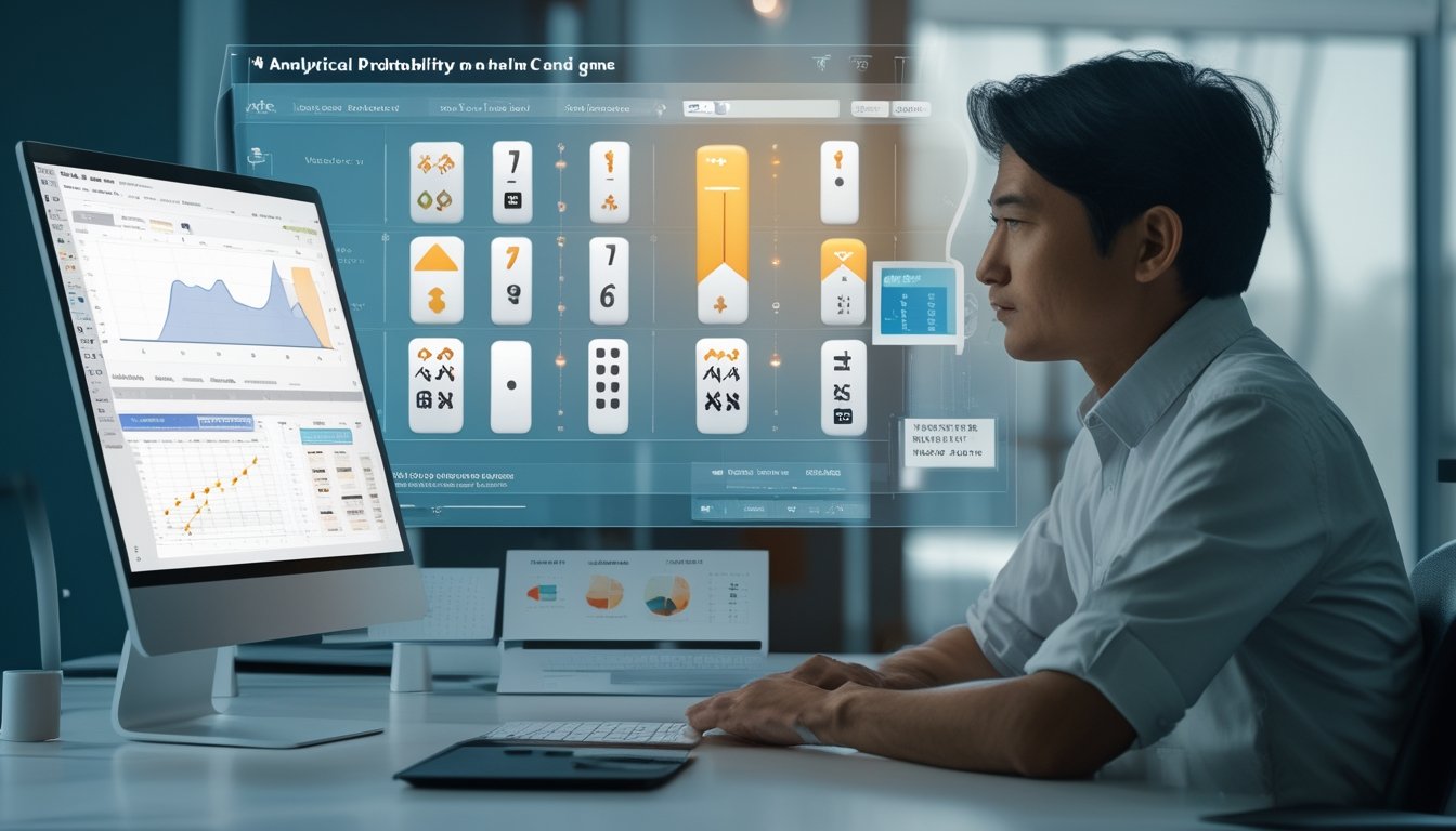 Seorang analis mempelajari pola peluang pada permainan domino digital dengan grafik statistik di meja kerja modern.