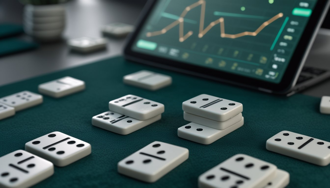 Kartu domino ceme disusun di atas meja dengan beberapa kartu balak dan perangkat digital yang menampilkan analisis grafik.