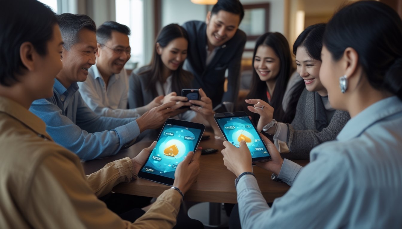 Sekelompok orang dewasa bermain gim kartu online melalui ponsel dan tablet di ruang keluarga.
