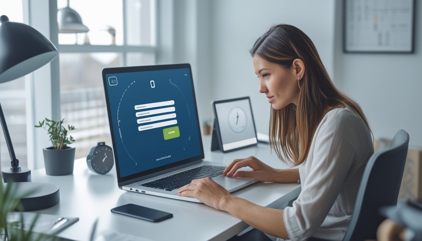 Seseorang mengisi formulir pendaftaran akun daring menggunakan laptop di meja kerja modern.
