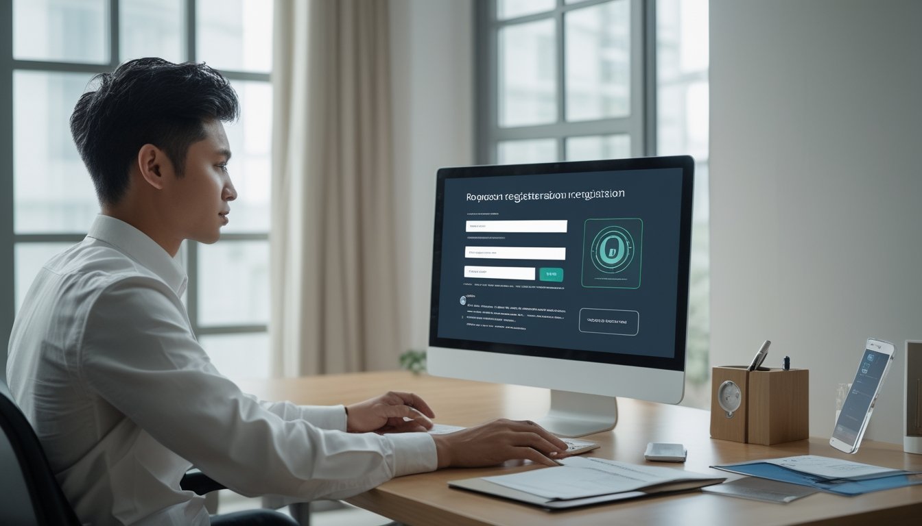 Seseorang menyiapkan dokumen dan perangkat untuk membuat akun online di meja kerja.