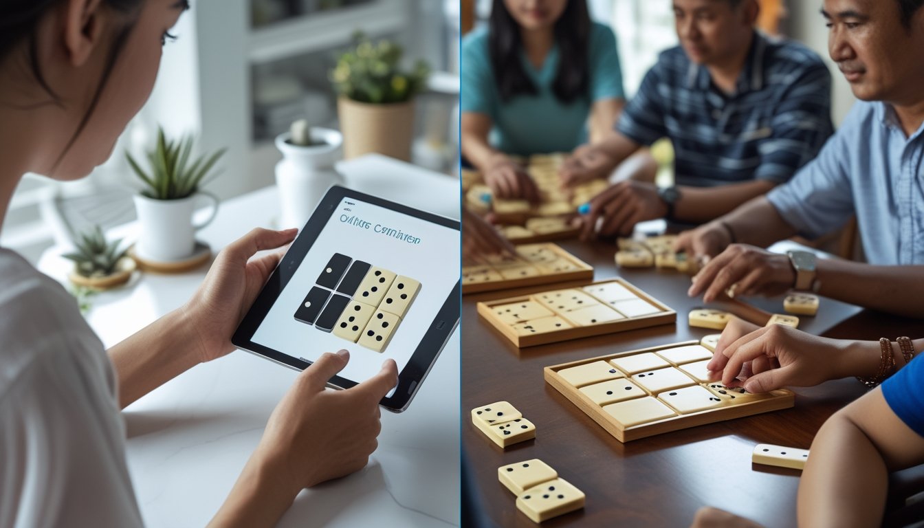 Seseorang bermain domino melalui perangkat digital di satu sisi, sementara beberapa orang bermain domino secara langsung di meja pada sisi lainnya.