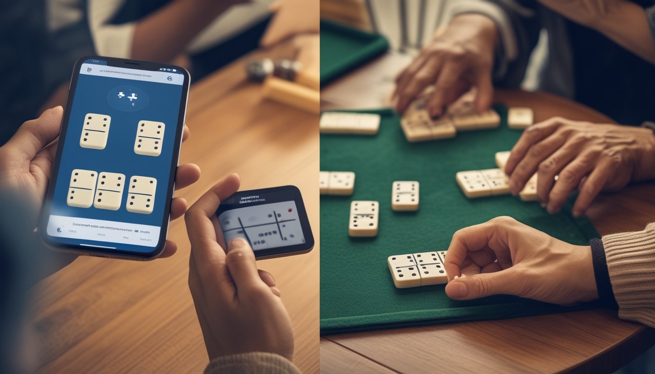 Perbandingan permainan domino melalui ponsel dengan permainan domino tradisional di meja bersama beberapa pemain.