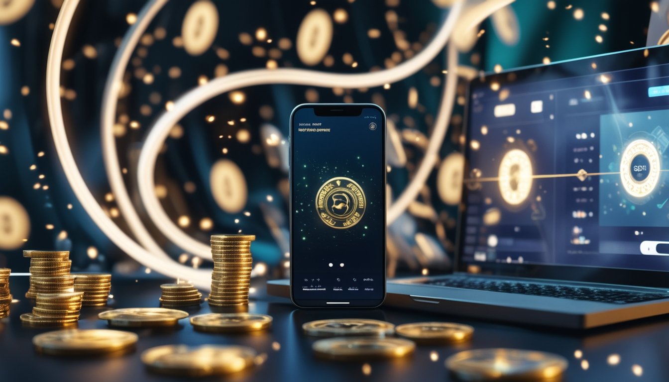 Perangkat digital menampilkan suasana permainan kartu dengan koin emas bercahaya dan efek cahaya yang menggambarkan hadiah bergulir.