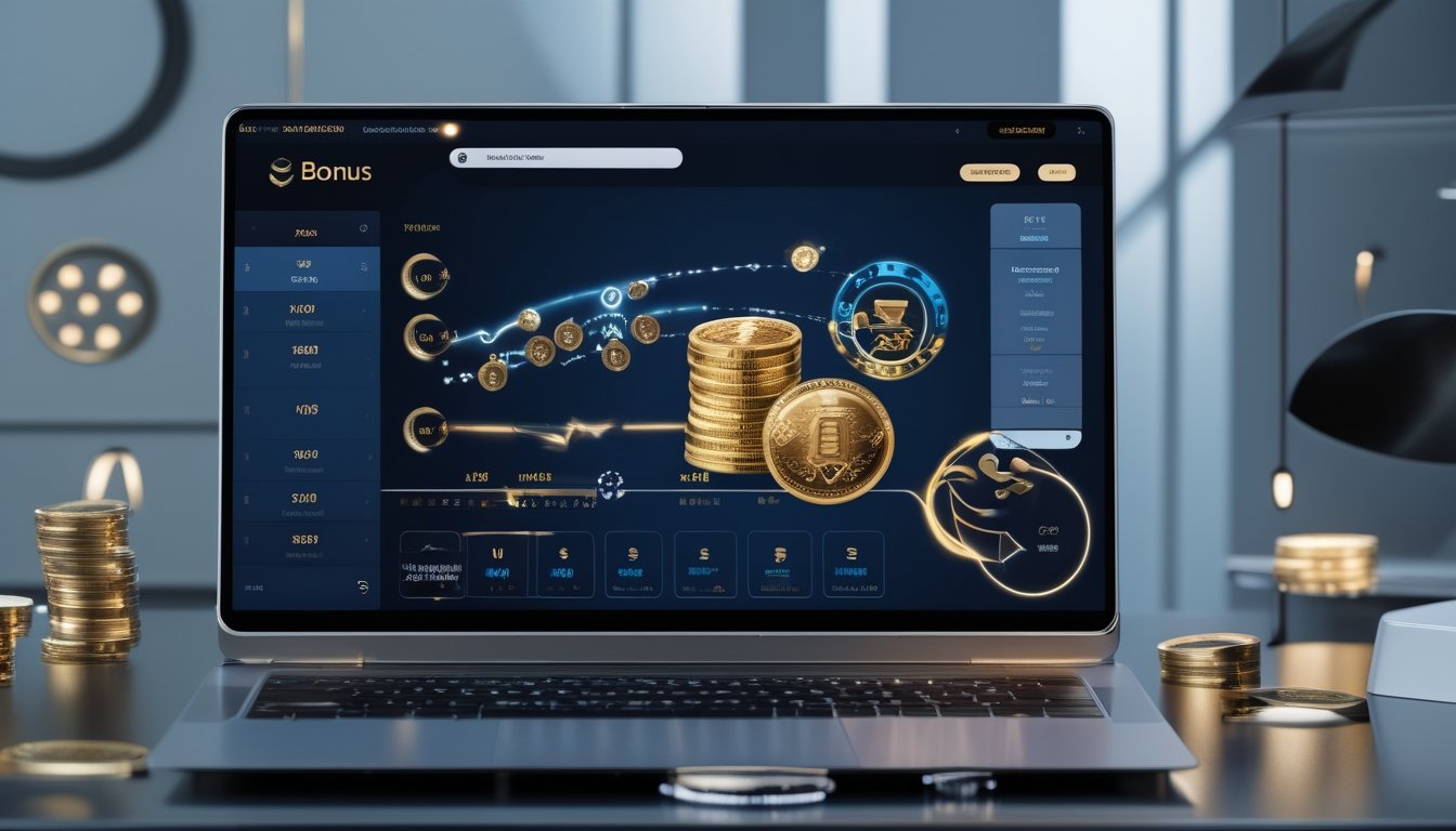 Laptop menampilkan antarmuka permainan kartu online dengan ilustrasi koin, panah berputar, dan grafik hadiah yang meningkat.