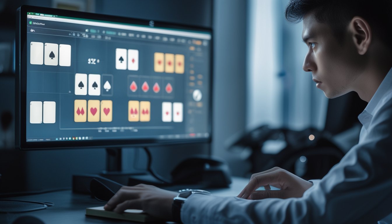 Seorang pemain mempelajari layar permainan kartu online dengan sikap fokus di meja kerja.