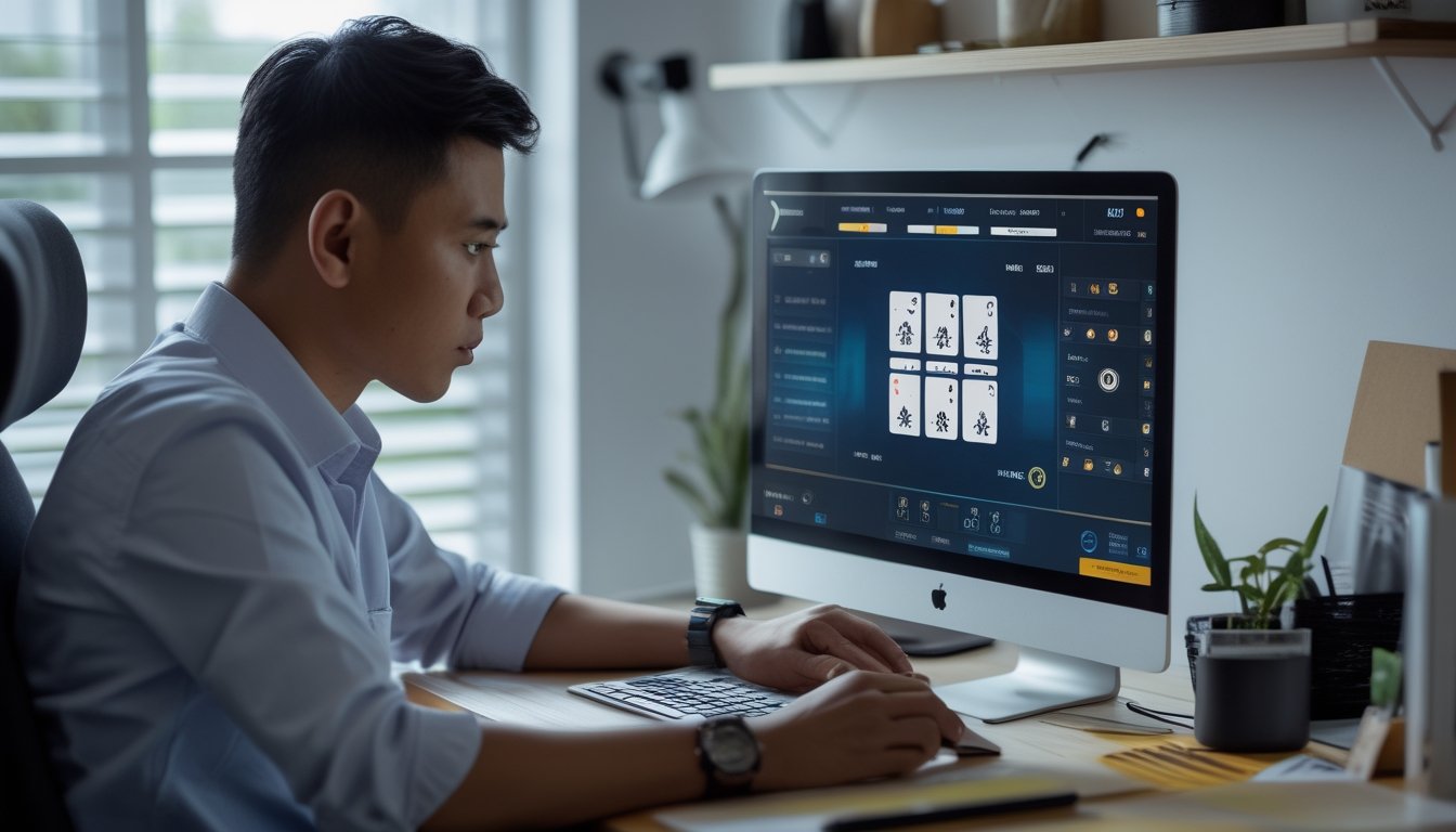 Seorang pemain mengamati layar laptop dan mencatat pola permainan kartu secara serius di ruang kerja.