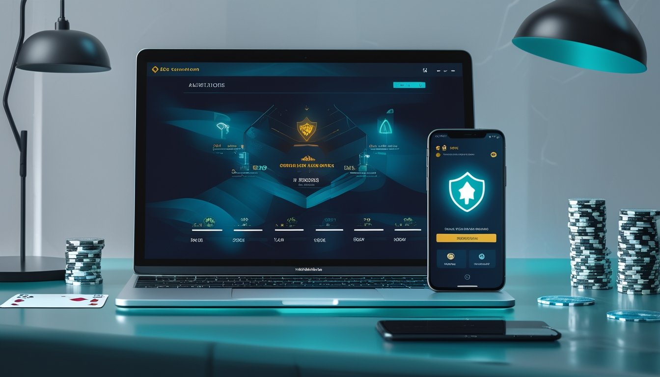 Laptop dan ponsel menampilkan antarmuka permainan digital abstrak dengan kartu, chip, dan ikon perisai keamanan di atas meja modern.