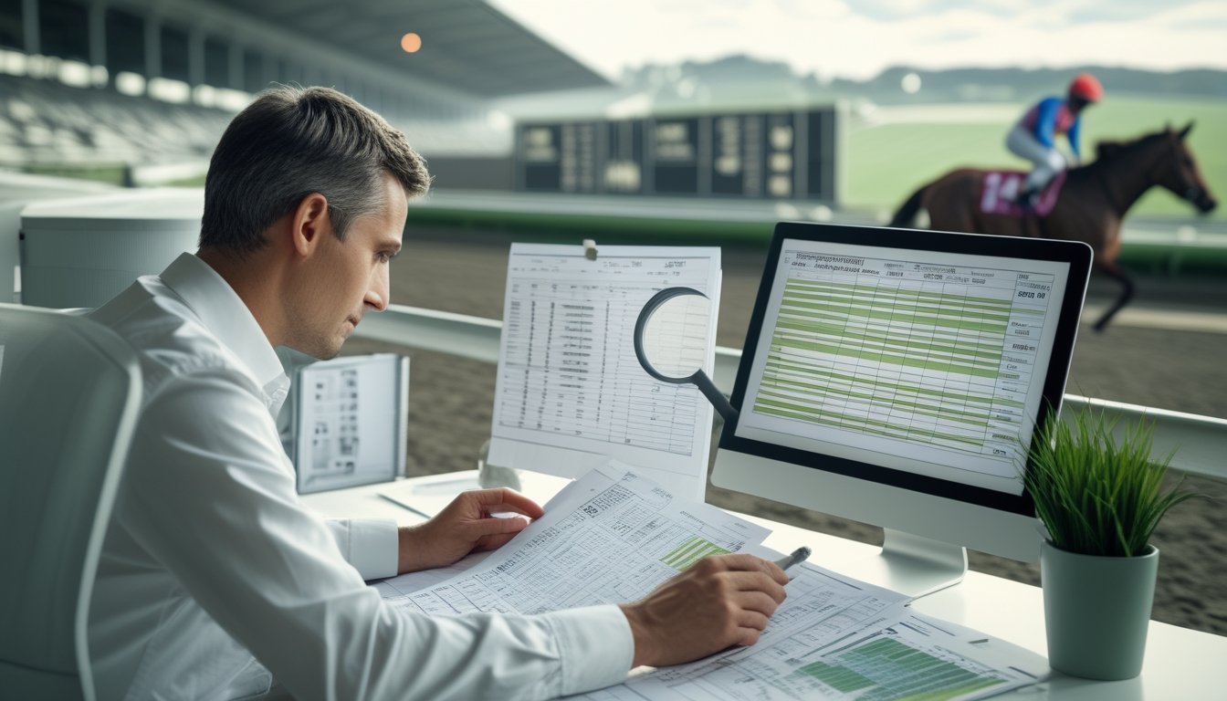 Seorang analis memeriksa data balap kuda di meja sementara kuda dan joki terlihat di dekat lintasan.