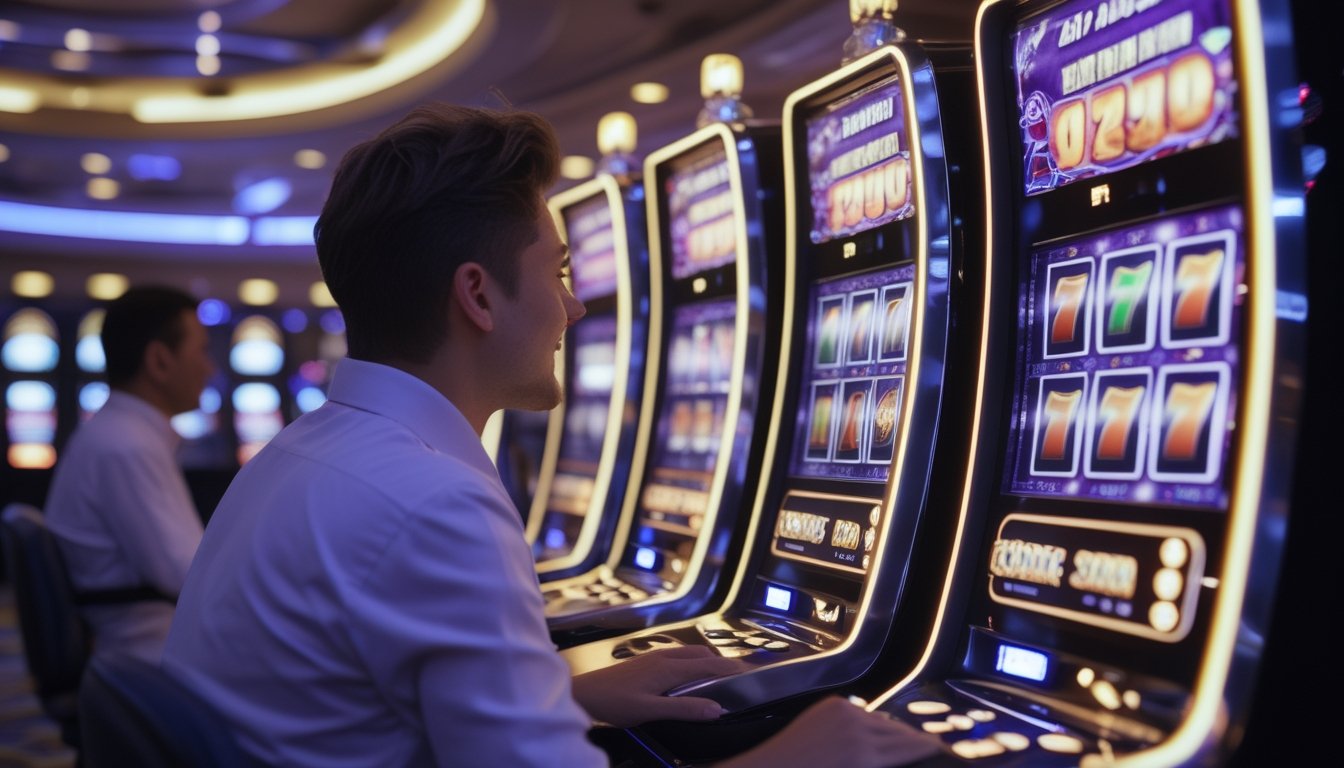 Seorang pemain dewasa memainkan mesin slot modern di dalam kasino dengan pencahayaan warna-warni.