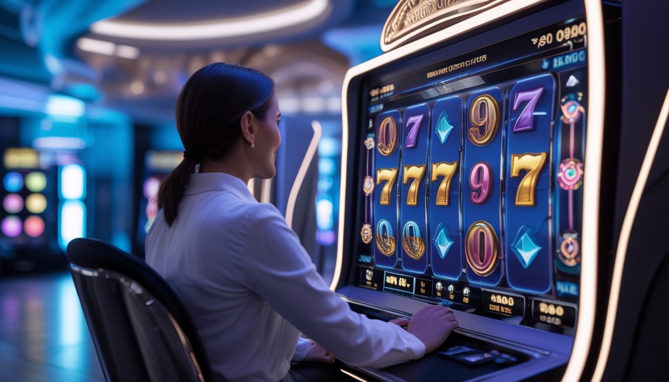 Seseorang memainkan mesin slot digital modern dengan tampilan grafis bercahaya di ruang hiburan kontemporer.