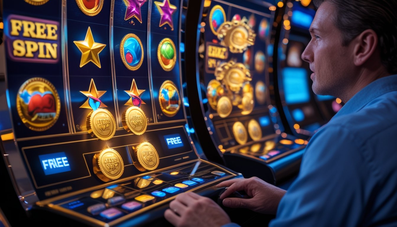 Seseorang mengamati mesin permainan slot modern dengan simbol berwarna-warni dan efek koin emas yang menandakan fitur bonus.