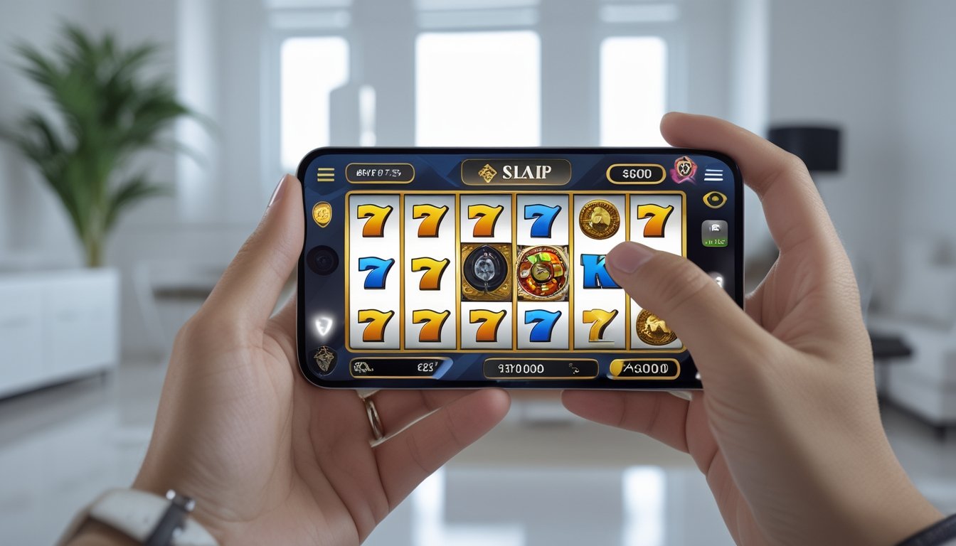 Seseorang memegang ponsel yang menampilkan permainan slot dengan simbol keamanan digital.
